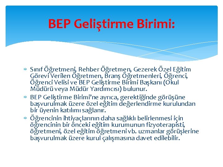 BEP Geliştirme Birimi: Sınıf Öğretmeni, Rehber Öğretmen, Gezerek Özel Eğitim Görevi Verilen Öğretmen, Branş