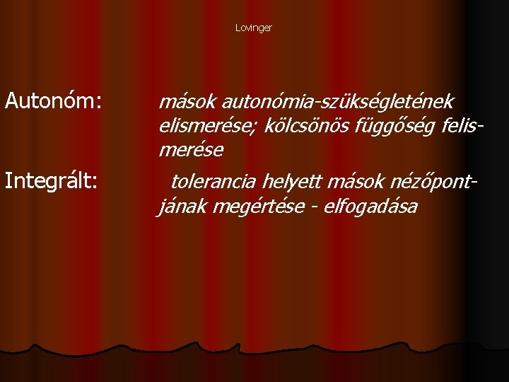 Lovinger Autonóm: Integrált: mások autonómia-szükségletének elismerése; kölcsönös függőség felismerése tolerancia helyett mások nézőpontjának megértése