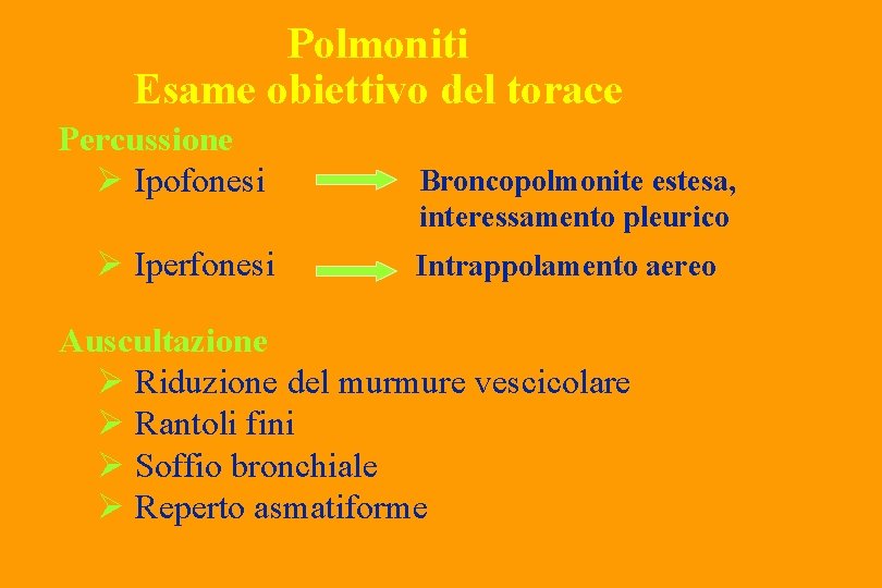 Polmoniti Esame obiettivo del torace Percussione Ø Ipofonesi Ø Iperfonesi Broncopolmonite estesa, interessamento pleurico