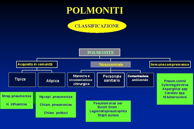 POLMONITI CLASSIFICAZIONE POLMONITE Acquisita in comunità Tipica Manovre e Atipica strumentazione Strep. pneumoniae Mycopl.