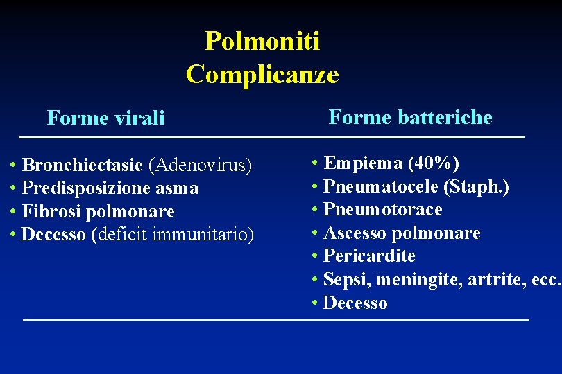 Polmoniti Complicanze Forme virali • Bronchiectasie (Adenovirus) • Predisposizione asma • Fibrosi polmonare •