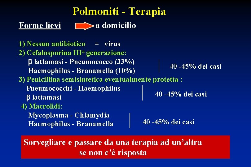 Polmoniti - Terapia Forme lievi a domicilio 1) Nessun antibiotico = virus 2) Cefalosporina