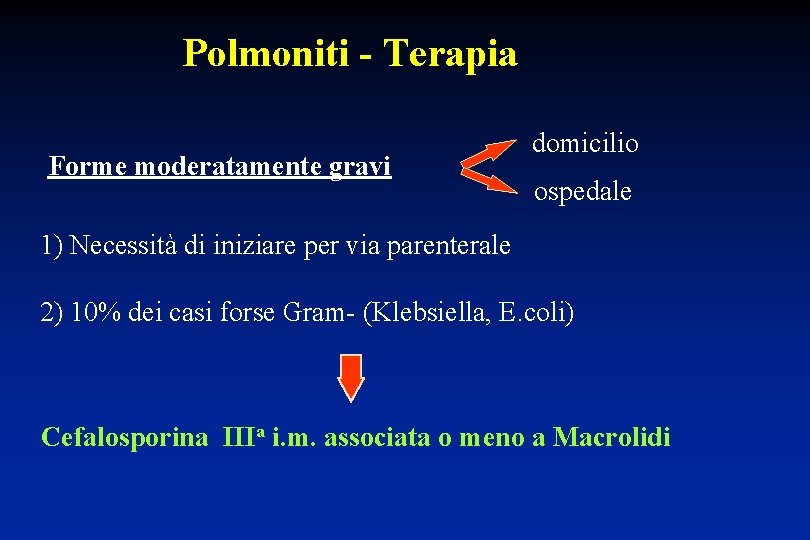 Polmoniti - Terapia Forme moderatamente gravi domicilio ospedale 1) Necessità di iniziare per via