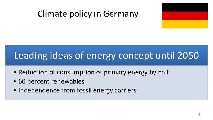 Climate policy in Germany Leading ideas of energy concept until 2050 • Reduction of