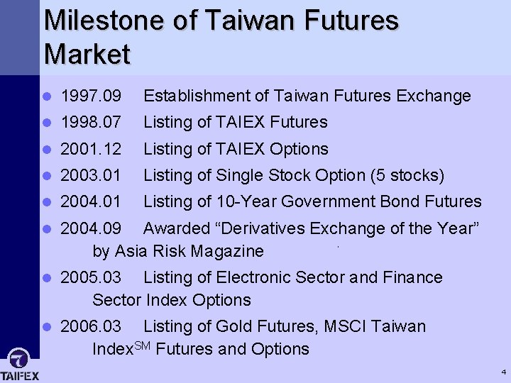 Milestone of Taiwan Futures Market l 1997. 09 Establishment of Taiwan Futures Exchange l