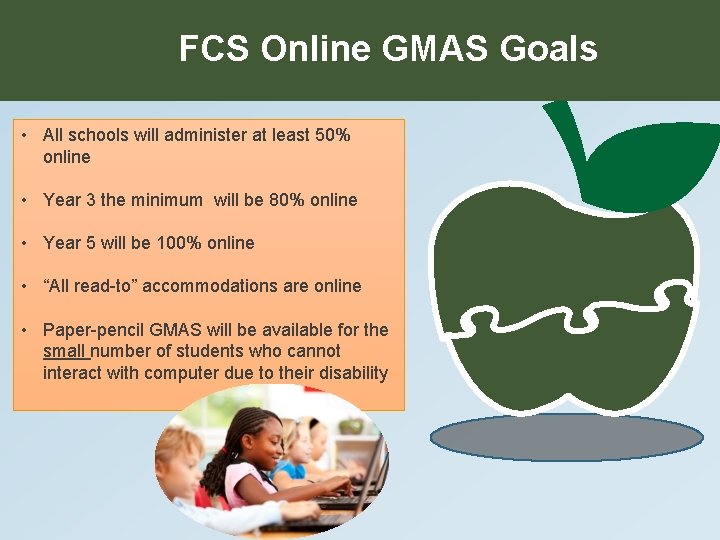 FCS Online GMAS Goals • All schools will administer at least 50% online •