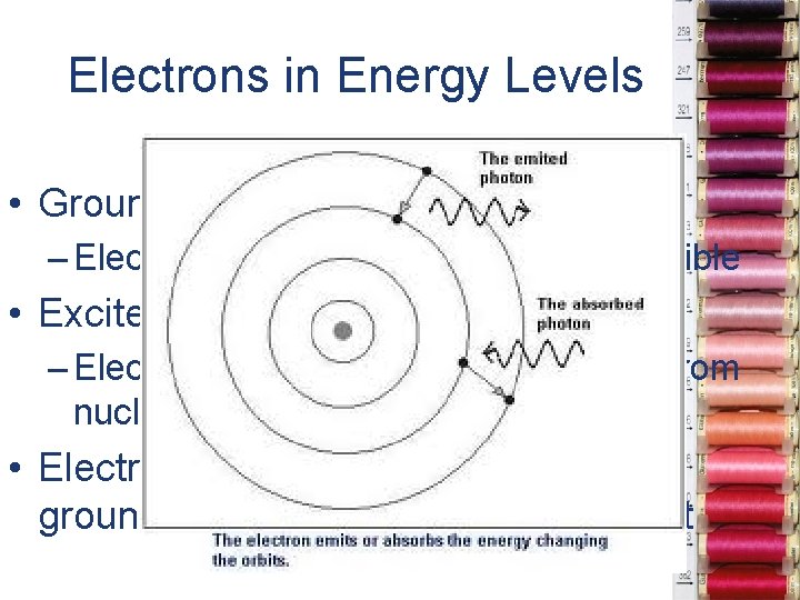 Electrons in Energy Levels • Ground state – Electrons as close to nucleus as