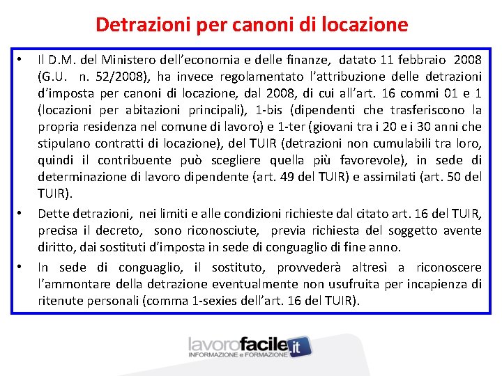 Detrazioni per canoni di locazione • • • Il D. M. del Ministero dell’economia