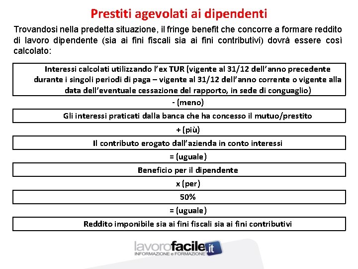 Prestiti agevolati ai dipendenti Trovandosi nella predetta situazione, il fringe benefit che concorre a