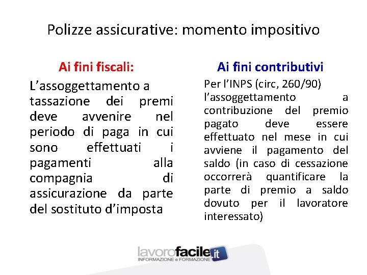 Polizze assicurative: momento impositivo Ai fini fiscali: L’assoggettamento a tassazione dei premi deve avvenire