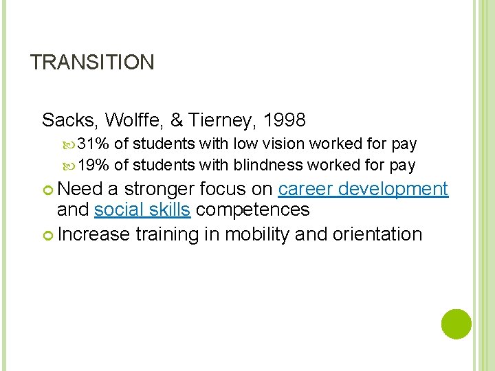 TRANSITION Sacks, Wolffe, & Tierney, 1998 31% of students with low vision worked for