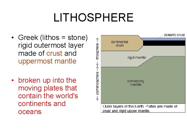 LITHOSPHERE • Greek (lithos = stone) rigid outermost layer made of crust and uppermost