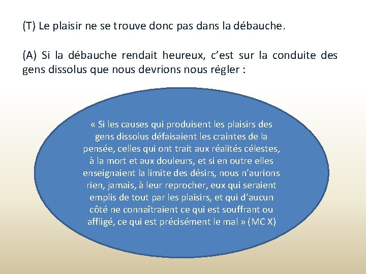 (T) Le plaisir ne se trouve donc pas dans la débauche. (A) Si la