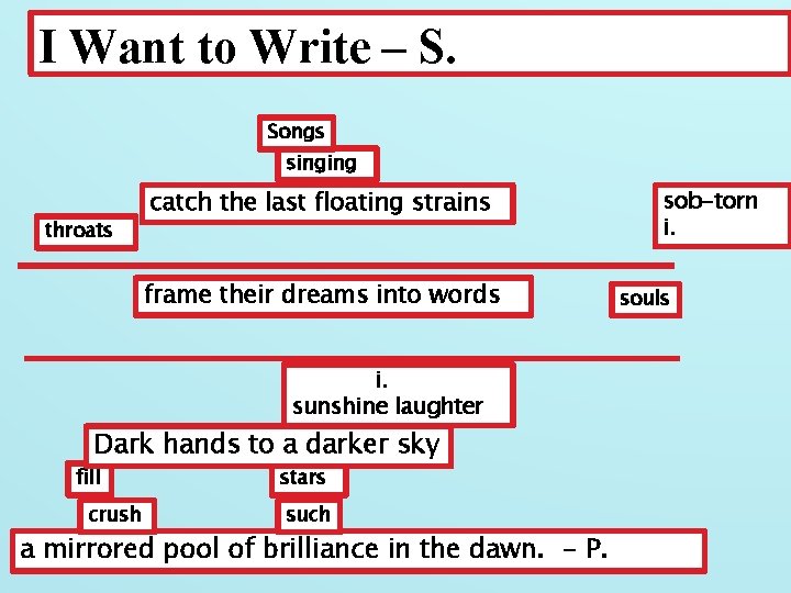 I Want to Write – S. Songs singing throats strains catch the last floating