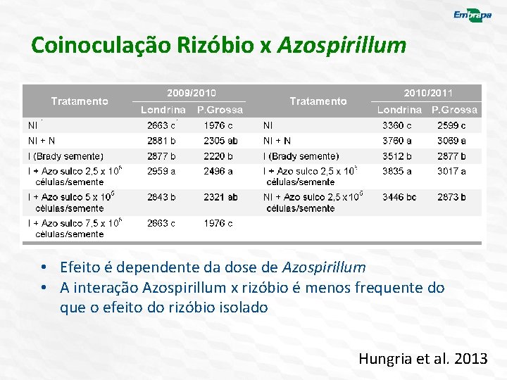 Coinoculação Rizóbio x Azospirillum • Efeito é dependente da dose de Azospirillum • A