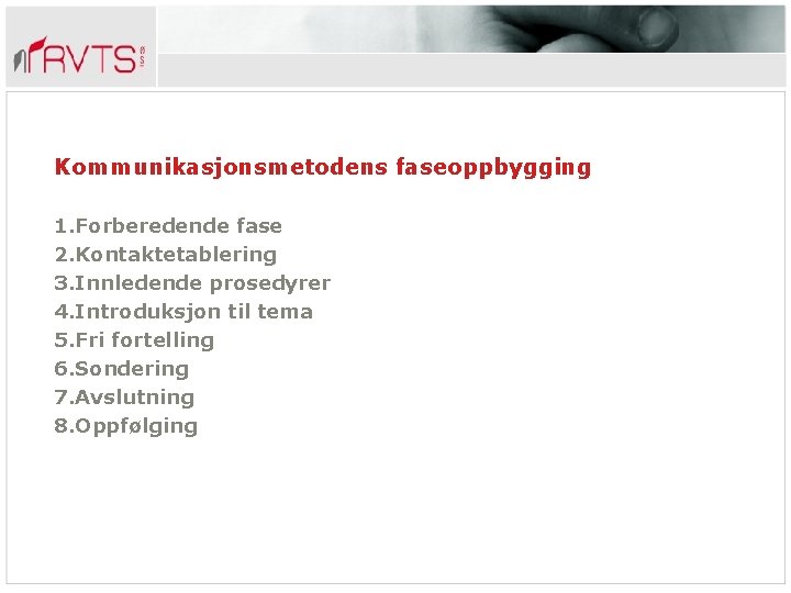 Kommunikasjonsmetodens faseoppbygging 1. Forberedende fase 2. Kontaktetablering 3. Innledende prosedyrer 4. Introduksjon til tema