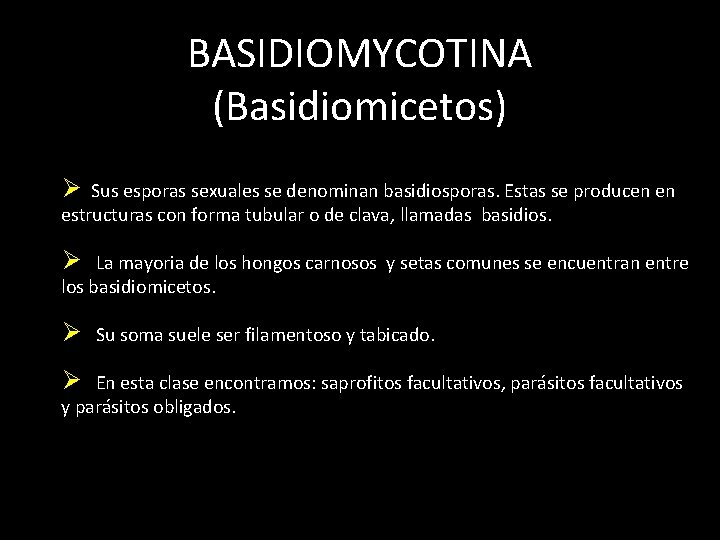 BASIDIOMYCOTINA (Basidiomicetos) Ø Sus esporas sexuales se denominan basidiosporas. Estas se producen en estructuras