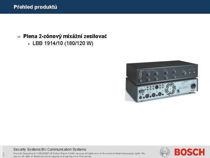 Přehled produktů è Plena 2 -zónový mixážní zesilovač LBB 1914/10 (180/120 W) Security Systems