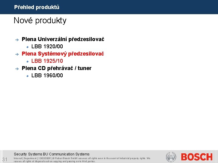 Přehled produktů Nové produkty è è è Plena Univerzální předzesilovač LBB 1920/00 Plena Systémový