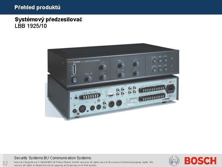 Přehled produktů Systémový předzesilovač LBB 1925/10 Security Systems BU Communication Systems 32 Internal |