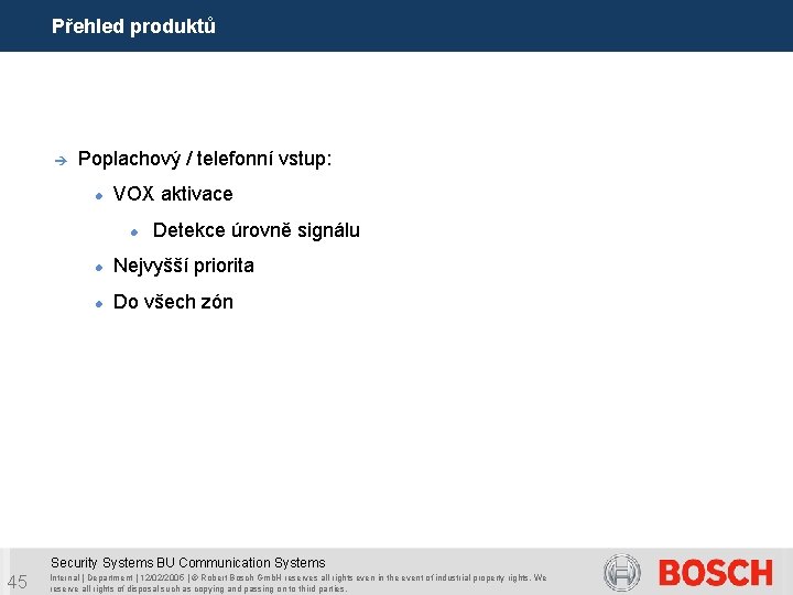 Přehled produktů è Poplachový / telefonní vstup: VOX aktivace Detekce úrovně signálu Nejvyšší priorita