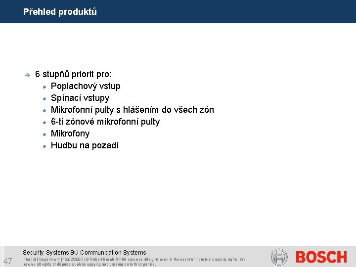 Přehled produktů è 6 stupňů priorit pro: Poplachový vstup Spínací vstupy Mikrofonní pulty s