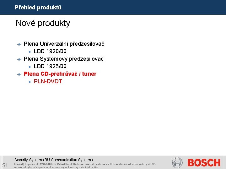 Přehled produktů Nové produkty è è è Plena Univerzální předzesilovač LBB 1920/00 Plena Systémový