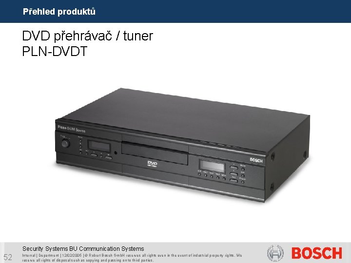 Přehled produktů DVD přehrávač / tuner PLN-DVDT Security Systems BU Communication Systems 52 Internal