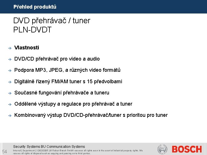 Přehled produktů DVD přehrávač / tuner PLN-DVDT è Vlastnosti è DVD/CD přehrávač pro video