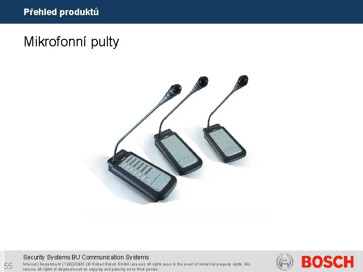 Přehled produktů Mikrofonní pulty Security Systems BU Communication Systems 55 Internal | Department |