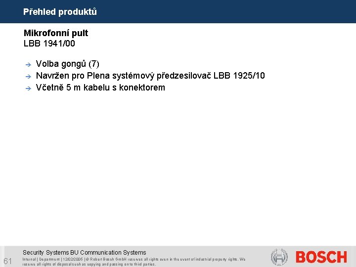 Přehled produktů Mikrofonní pult LBB 1941/00 è è è Volba gongů (7) Navržen pro