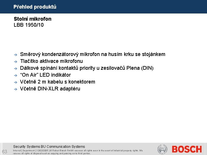 Přehled produktů Stolní mikrofon LBB 1950/10 è è è Směrový kondenzátorový mikrofon na husím