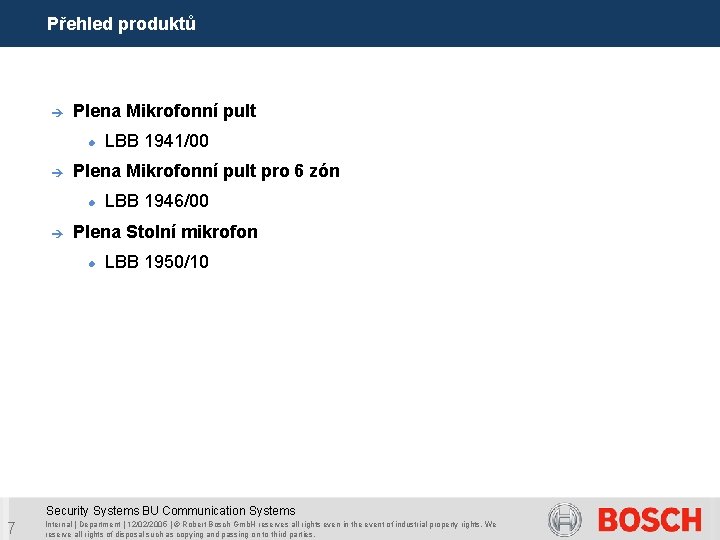 Přehled produktů è Plena Mikrofonní pult pro 6 zón è LBB 1941/00 LBB 1946/00