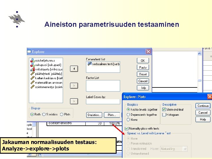 Aineiston parametrisuuden testaaminen Jakauman normaalisuuden testaus: Analyze->explore->plots 15 