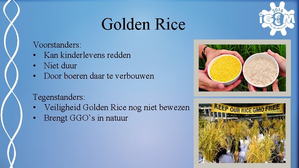 Golden Rice Voorstanders: • Kan kinderlevens redden • Niet duur • Door boeren daar