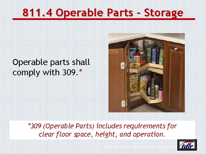 811. 4 Operable Parts – Storage Operable parts shall comply with 309. * *309