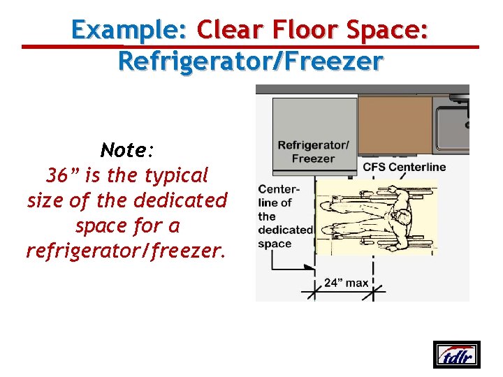 Example: Clear Floor Space: Refrigerator/Freezer Note: 36” is the typical size of the dedicated