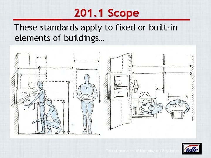 201. 1 Scope These standards apply to fixed or built-in elements of buildings… Texas