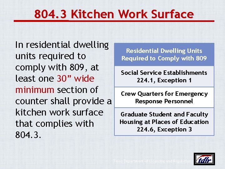 804. 3 Kitchen Work Surface In residential dwelling units required to comply with 809,