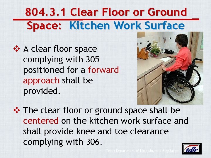 804. 3. 1 Clear Floor or Ground Space: Kitchen Work Surface v A clear