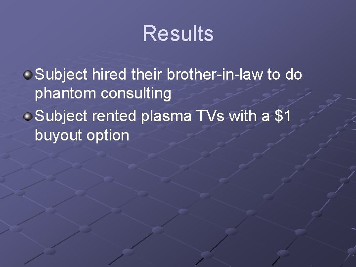 Results Subject hired their brother-in-law to do phantom consulting Subject rented plasma TVs with