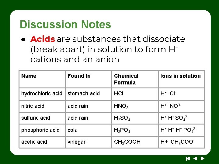 Discussion Notes ● Acids are substances that dissociate (break apart) in solution to form