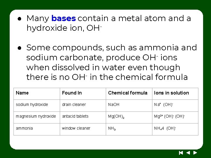 ● Many bases contain a metal atom and a hydroxide ion, OH● Some compounds,