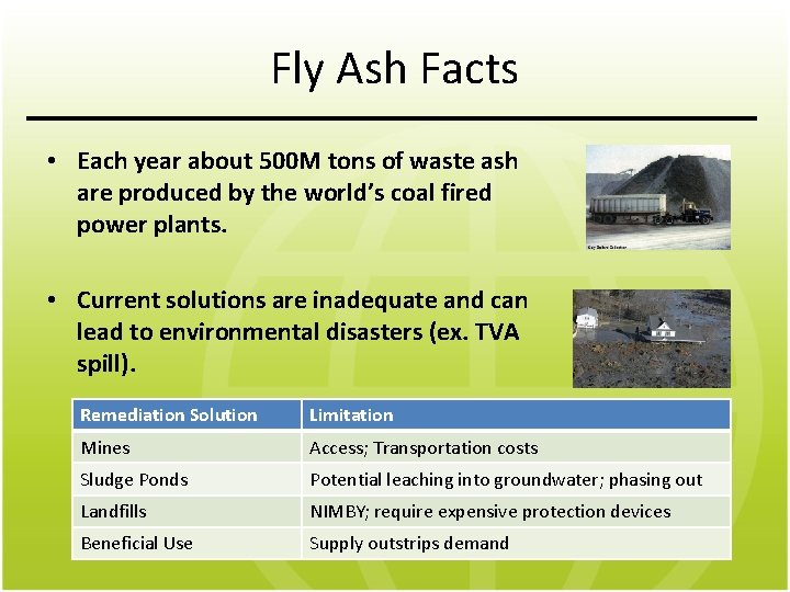 Fly Ash Facts • Each year about 500 M tons of waste ash are