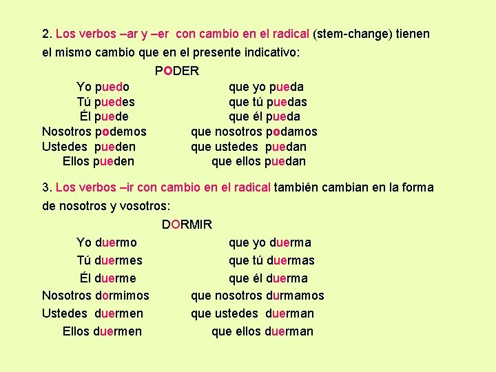 2. Los verbos –ar y –er con cambio en el radical (stem-change) tienen el