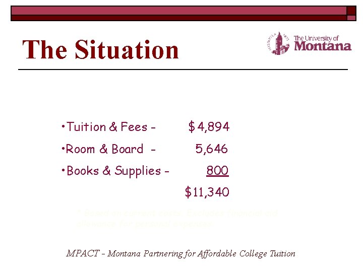 The Situation Direct Cost of Attendance at the University of Montana – Missoula (Mountain