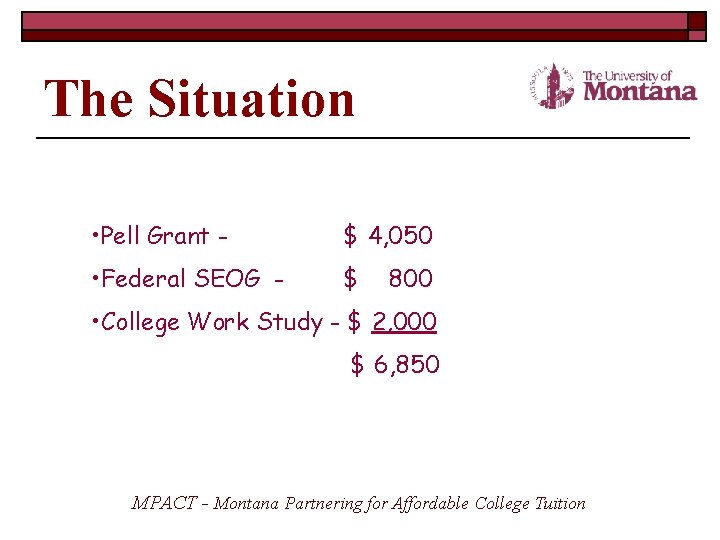 The Situation Current Aid available for MT students with highest need • Pell Grant