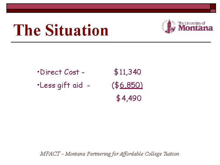 The Situation Net Direct Cost of Attendance • Direct Cost - $11, 340 •