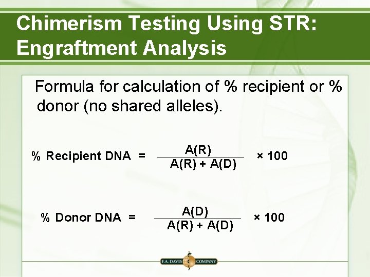 Chimerism Testing Using STR: Engraftment Analysis Formula for calculation of % recipient or % Chimerism Testing Using STR: Engraftment Analysis Formula for calculation of % recipient or %