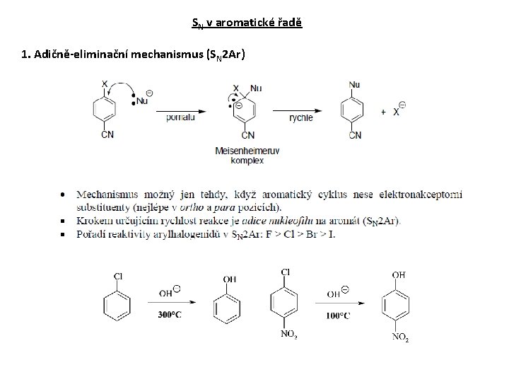 SN v aromatické řadě 1. Adičně-eliminační mechanismus (SN 2 Ar) 